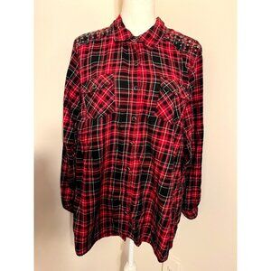 Dressbarn Womens Red Black Plaid Button-Up Shirt Size 2X 100% Cotton Studded